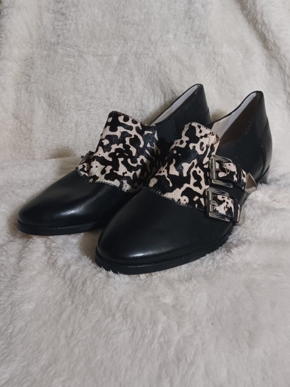 Michael Kors Black Leather & Calf Hair Buckle Detail Slip On Loafers Size 8 1/2M